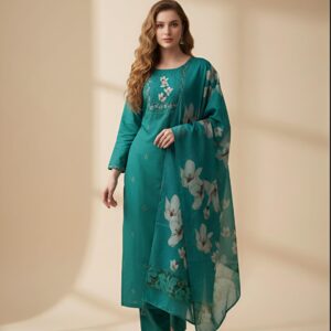 Teal Embroidered Kurta Set with Floral Dupatta