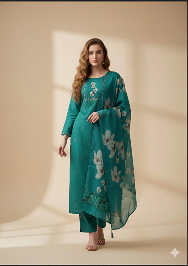 Teal Embroidered Kurta Set with Floral Dupatta