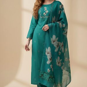 Teal Embroidered Kurta Set with Floral Dupatta