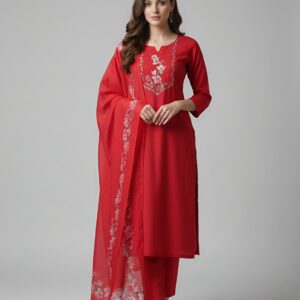 Red Kurta Set with Floral Dupatta