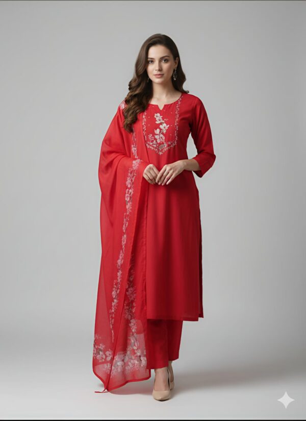 Red Kurta Set with Floral Dupatta
